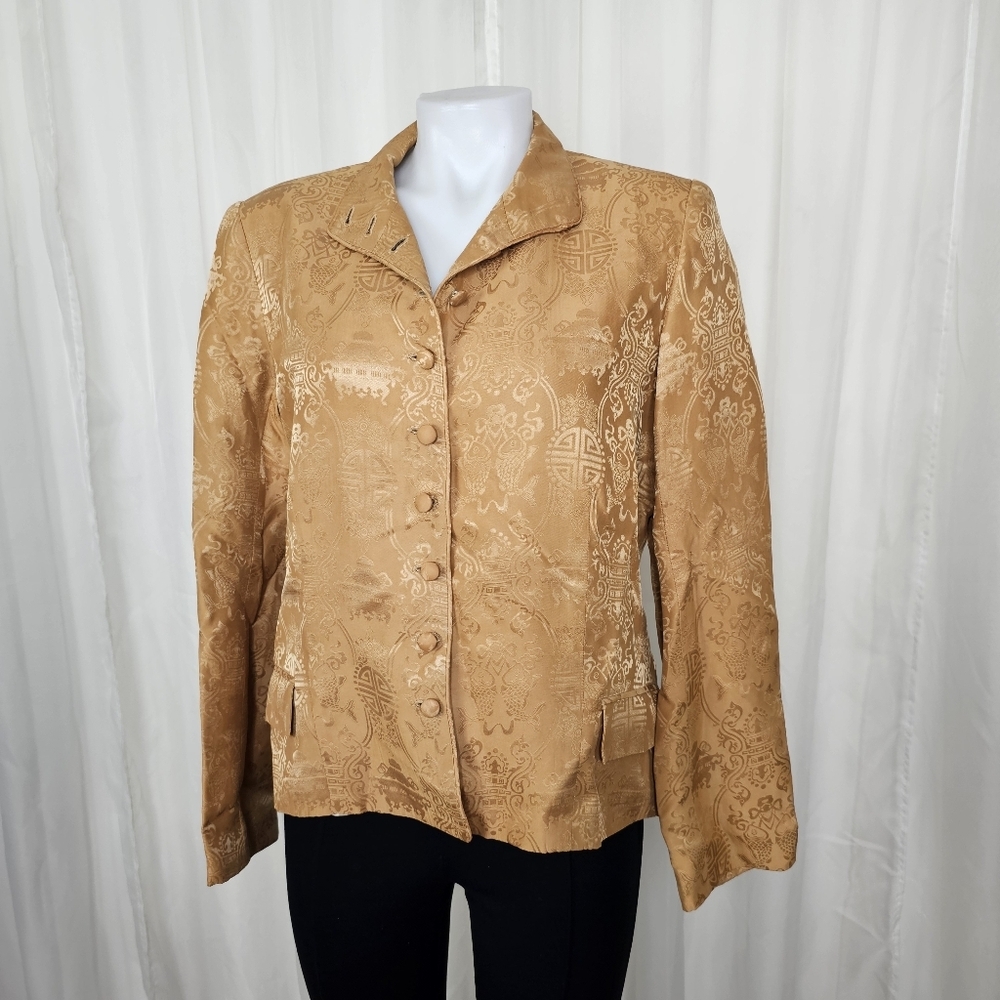 Teresa Crowninshield Tan Brown Silk Asian Style Jacket Size 12